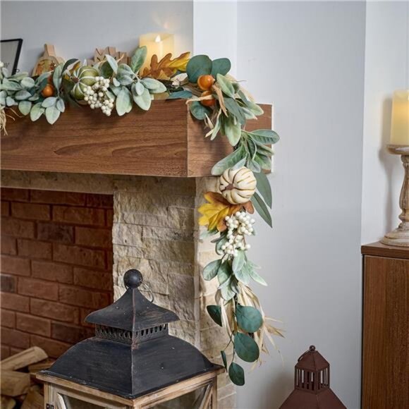 Fall Garland for Mantle, 6ft Lambs Ear Leaves Garland with...
